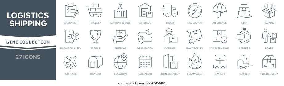 Logística y envío de colección de iconos lineales firmados. Colección de iconos de línea delgada firmada. Conjunto de íconos de esquema simple de logística y envío