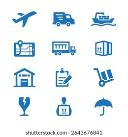 Logística Serviço de entrega Conjunto de ícones, Coleção de cadeia de suprimentos, armazém, caminhão, van, avião, navio, contêiner, pacote, entrega de encomendas Ícones.