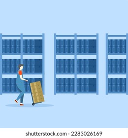 Logistics and shipping services. Storage equipment, warehouse workers pushed hand carts with business, moving pushcart people. The operator carries the goods in a cardboard box in the trolley.