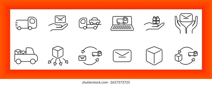 Logística e ícone do conjunto de remessas. Caminhão rápido, mão com correio, carro no reboque, laptop com caminhão, mão com presente, mãos com envelope, pacote, setas de correio, envelope, distribuição.