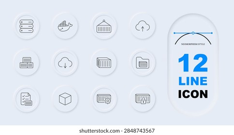 Logistics shipping set icon. Server stacks data. Cargo vessel floats. Crane lifts container. Cloud rises upload. Crates form pile. Cloud drops download. Box shows stripes. Folder holds barcode.