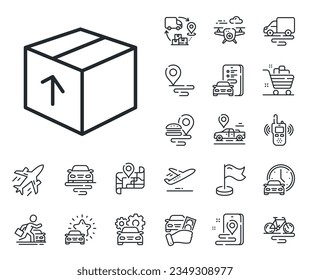 Logistics shipping sign. Plane, supply chain and place location outline icons. Delivery box line icon. Parcels tracking symbol. Package line sign. Taxi transport, rent a bike icon. Travel map. Vector