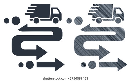 Logistics shipping truck vector set, delivery path arrows, transport service line symbols