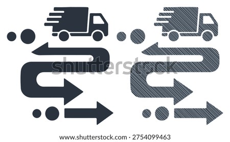 Logistics shipping truck vector set, delivery path arrows, transport service line symbols