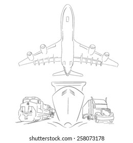 Logistics sign with plane, truck, container ship and train vector illustration