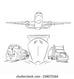 Logistics sign with plane, truck, container ship and train vector illustration