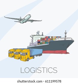 Logistics sign with plane, truck, container and ship