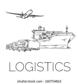 Logistics sign with plane, trucks and container ship vector illustration