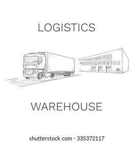 Logistics sign with truck and warehouse vector illustration