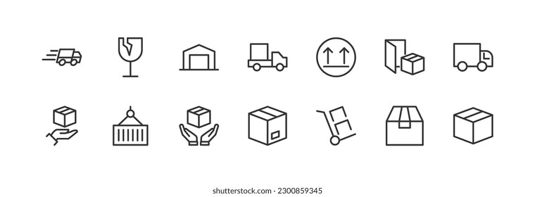 logistics simple icon set. Outline editable stroke. Pixel perfect 24x24px. Isolated on a white background