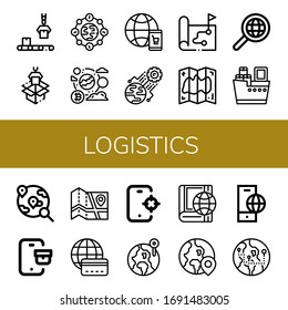 logistics simple icons set. Contains such icons as Conveyor, Packaging, Earth, Global, World, Map, Shipping, Tracking, Globe, can be used for web, mobile and logo