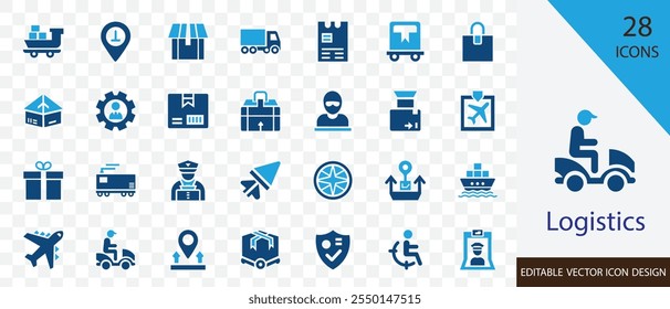 Logistics solid  icon set . containing transportation, supply, distribution,  car,  delivery time, production, return box and more vector design 