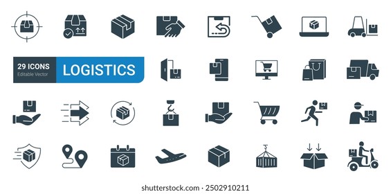 Logistics solid Icons set vector. Contains such Icons as delivery, logistic, shipping, supply, transport, warehousing, inventory, and shipment icons