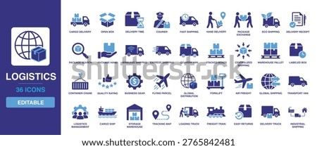 Logistics solid vector glyph icon set including cargo delivery, warehouse pallet, forklift, courier, express shipping, global distribution, tracking map, and industrial shipping icons.