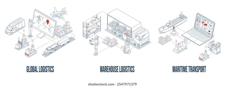 Concepto de soluciones logísticas con Logística Global, Logística de Almacenes y Transporte Marítimo. Ilustración vectorial eps10