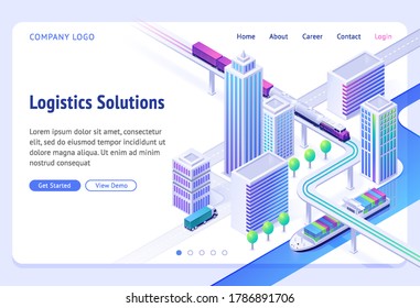 Logistics solutions isometric landing page. Transport delivery company service, cargo import and export by ship, truck or train. Land and river goods city transportation business, 3d vector web banner