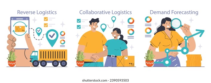 Logistics solutions set. Innovative strategies in reverse logistics, team collaboration for supply chain efficiency, and advanced demand forecasting. Streamlining business operations. Flat vector