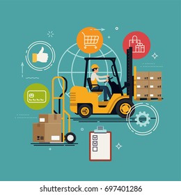 Logistics, storage and delivery service vector concept illustration with forklift loaded with cardboard boxes palette, delivery cart with boxes, clipboard, abstract worker, etc.