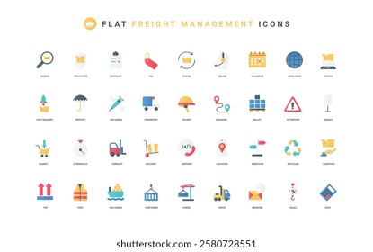 Logistics and storage in warehouse, cargo delivery with freight transport, airmail color icon set. Safety of parcel, airplane and ship, truck and forklift, support flat elements vector illustration