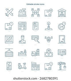 Logistics stroke icon. Logistics line icon set. editable stroke icon pack