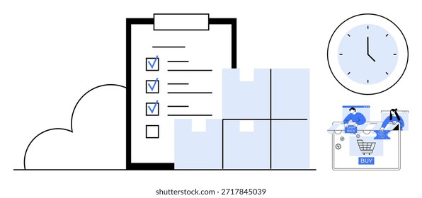 Logística, cadena de suministro, comercio electrónico, gestión del tiempo, control de inventario, compras en línea. Escena con lista de verificación, cajas de reloj y personas comprando en línea. Logística y comercio electrónico tema