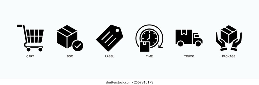 Logistics And Supply Chain Icon Set Icon Set Isolated Vector Illustration Concept With Icon Of Cart, Box, Label, Time, Truck, Package In Glyph Style