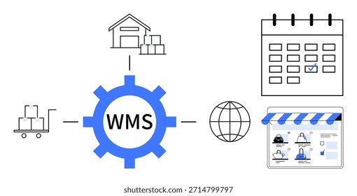 Logistics, supply chain, inventory control, e-commerce, global trade, order management. A WMS icon connects to warehouses, calendar globe and e-store elements. Logistics and supply chain concept