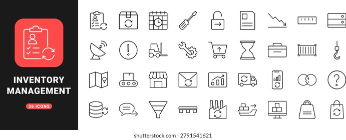 Logistics and supply chain line icon set. Vector pictograms of inventory management, warehouse distribution, stock replenishment, and retail operations elements, thin linear illustration.