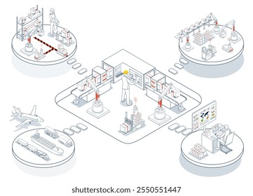 Logistics Supply Chain Management concept with Procurement, Manufacturing, Storage, Information Technology, Distribution and Transportation. Vector illustration eps10