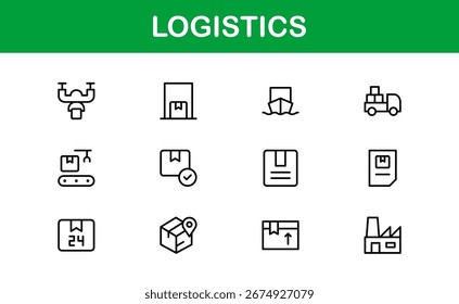 Logistics and supply chain professional line icon set – Modern vector collection for transport, delivery, and shipping