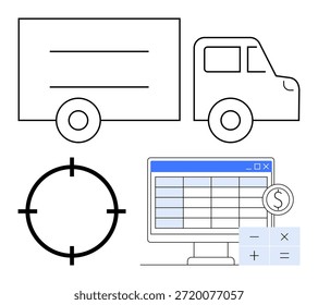 Logística, cadena de suministro, orientación, gestión de inventario, herramientas digitales, comercio electrónico. Un camión de reparto, un ícono de destino y una pantalla con Elementos de datos financieros. Logística y visualización de la cadena de suministro