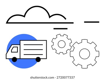 Logística, cadena de suministro, tecnología, innovación, servicios de carga, computación en nube. Diseño minimalista que muestra un camión de reparto, engranajes y una nube. Visualización de tecnología de logística y cadena de suministro