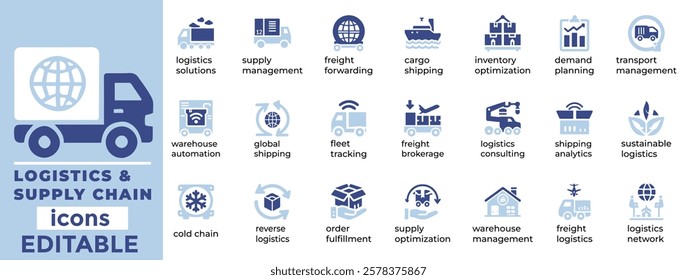 Logistics and Supply Chain vector icons modern, editable designs for shipping, delivery, inventory, warehouse, and transport