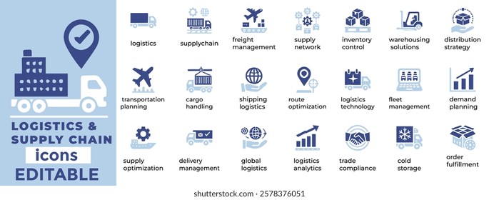 Logistics and Supply Chain vector icons modern, editable designs for shipping, delivery, inventory, warehouse, and transport