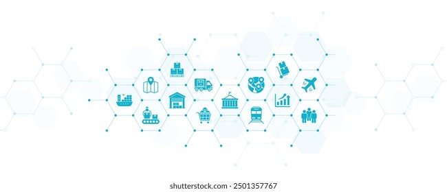 logistics and supply chain vector illustration. Concept with icons related to import and export, cargo and freight, warehouse management, shipping, distribution and delivery