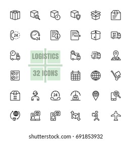 Logistics Supply Chain Vector Illustration Thin Line 48x48 Pixel Perfect 32 Icon Set For Business, Customer, Transport, Logistics, Distribution, Finance, Information, Shipment, Parcel. Editable Stroke