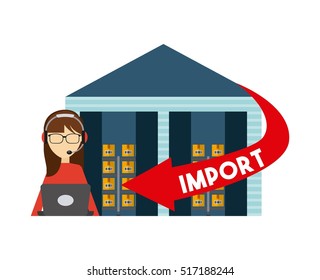 logistics support worker and warehouse with red arrow with import word. export and import colorful design. vector illustration