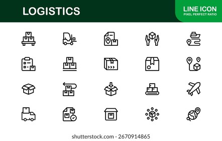 Logistiksymbolpaket - Lineare Vektorgrafik-Kollektion mit flachem Umriss mit LKW, Fracht, Lager, Lieferung, Paket, Box, Lieferkette, Perfekt für Apps, Web, Infografik und Branding
