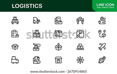 Logistics Symbol Pack – Flat Outline Linear Vector Collection with Truck, Cargo, Warehouse, Delivery, Parcel, Box, Supply Chain, Perfect for Apps, Web, Infographic, and Branding Use