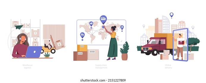 Logistics technologies abstract concept vector illustration set.  Logistics hub, Supply chain management, transit warehouse, export control, business transportation, goods transfer. Online delivery.