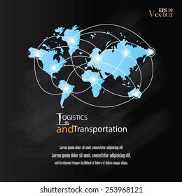 Logistics technology concept on chalkboard,logistics connection on world map vector