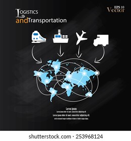 Logistics technology concept on chalkboard,logistics connection on world map vector