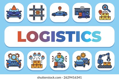 Logistik-Textkonzept. Shablon für Präsentation und Infografiken. Minimal saubere Symbole für Apps und Websites.