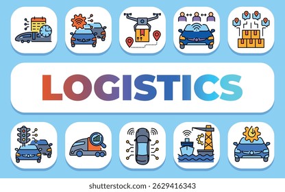 Conceito de texto logístico. Shablon para apresentação e Infographics. Ícones mínimos de limpeza para aplicativos e sites.