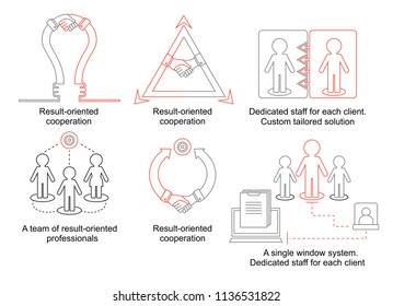 Logistics Thin Line Icons. Business Concept With Lamp And Handhsake. A Team Of Result-oriented Professionals. Dedicated Staff For Each Client. Custom Tailored Solution. Result-oriented Cooperation