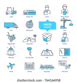 Logistics thin line icons, pictogram and symbol set. Icons for delivery, logistics. Packing, shipping, transportation, tracking, parcel. Transport service employees Illustration editable stroke