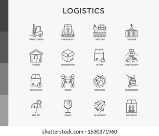 Logistics thin line icons set: forklift loader, conveyor belt, container, storage, cardboard box, cargo delivery, mover, worldwide shipping, keep dry, fragile, this side up. Vector illustration.