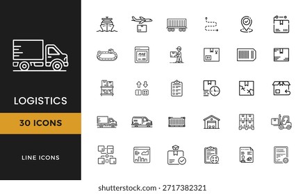 Logistics thin line icons set of shipping delivery transportation and supply chain symbols