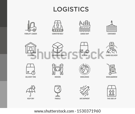Logistics thin line icons set: forklift loader, conveyor belt, container, storage, cardboard box, cargo delivery, mover, worldwide shipping, keep dry, fragile, this side up. Vector illustration.