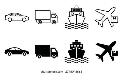Logistics and transport collection, simple black outline symbols, car, truck, maritime vessel, aircraft, and delivery
